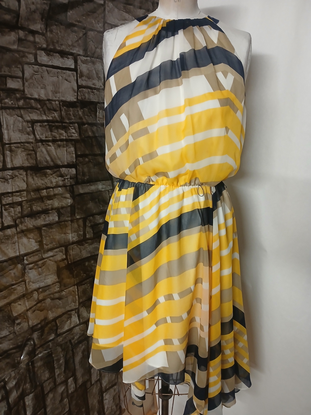 Jessica Simpson Yellow, White, Navy & Tan Striped Halter High-Low Dress